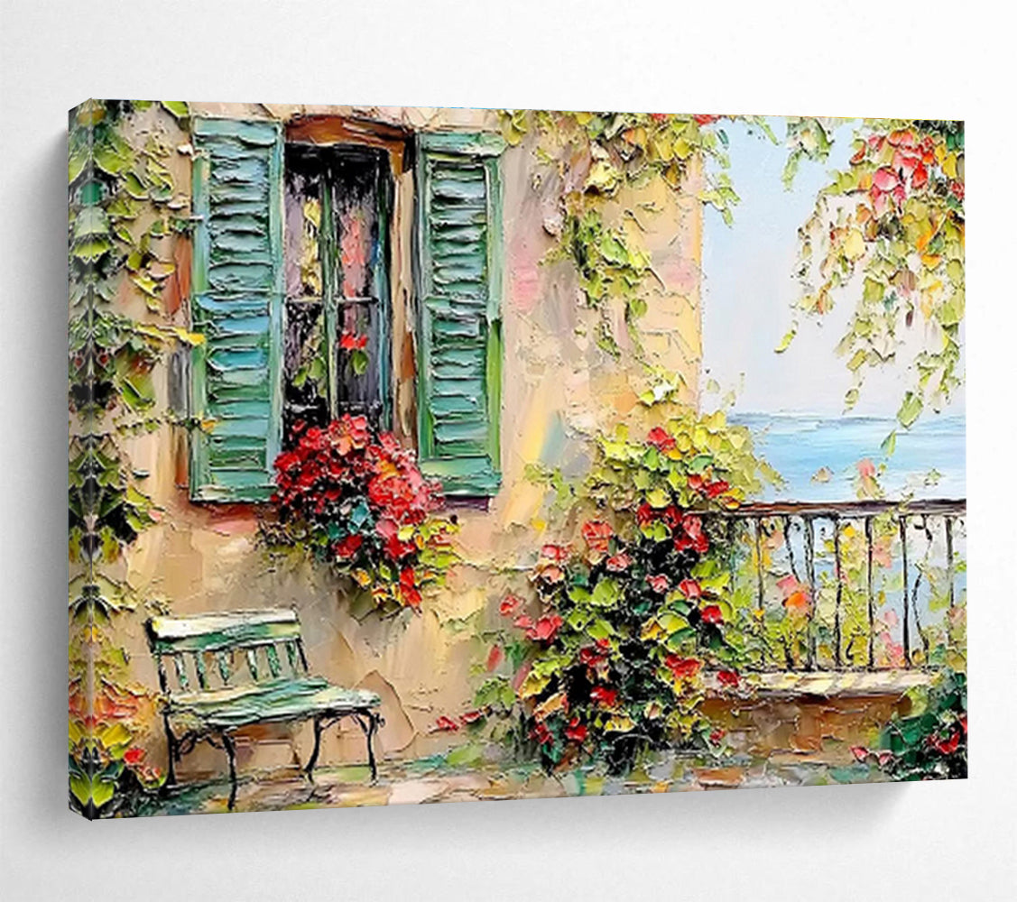 “Mediterranean Window Charm” - Green, Yellow & Red Architectural, Textured Landscape Oil Painting On Canvas DKS692