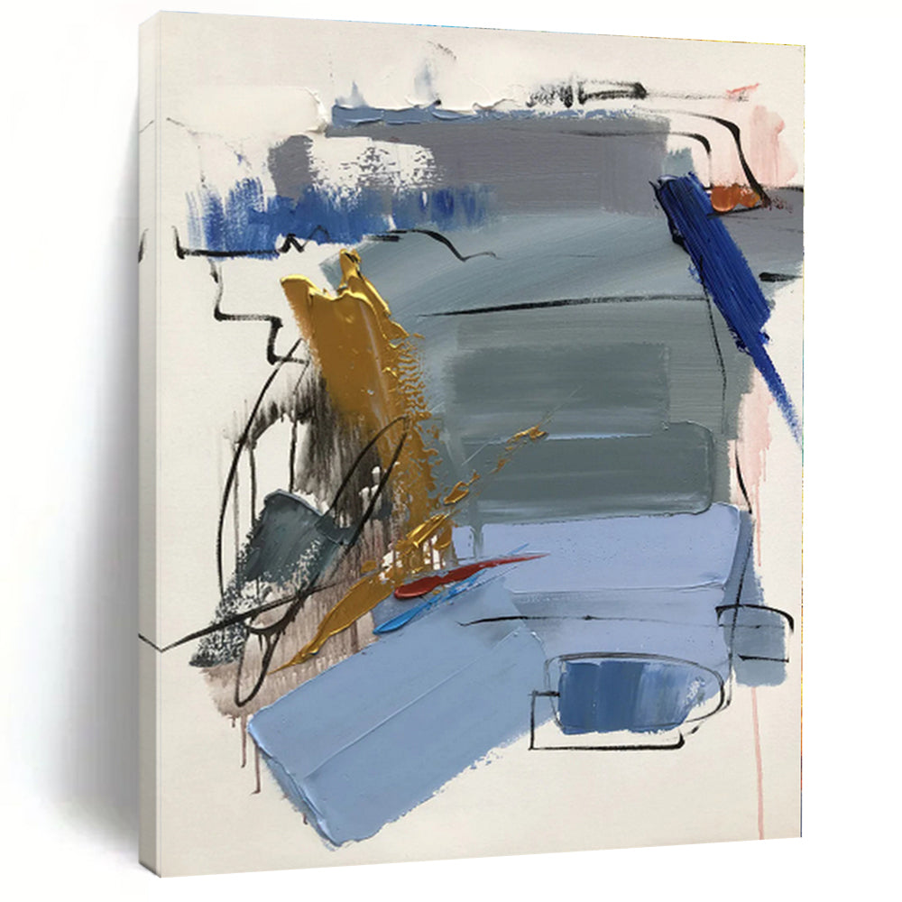 “Blue - Gold Dynamic Abstraction” - Blue, Gold, Gray, Red Abstract Painting On Canvas PS0505