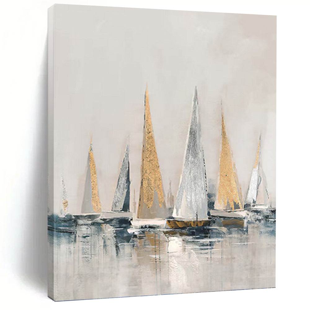 “Gold - Silver Sailboats on Gray Water” - Impressionist - Inspired Seascape Painting On Canvas PT1416