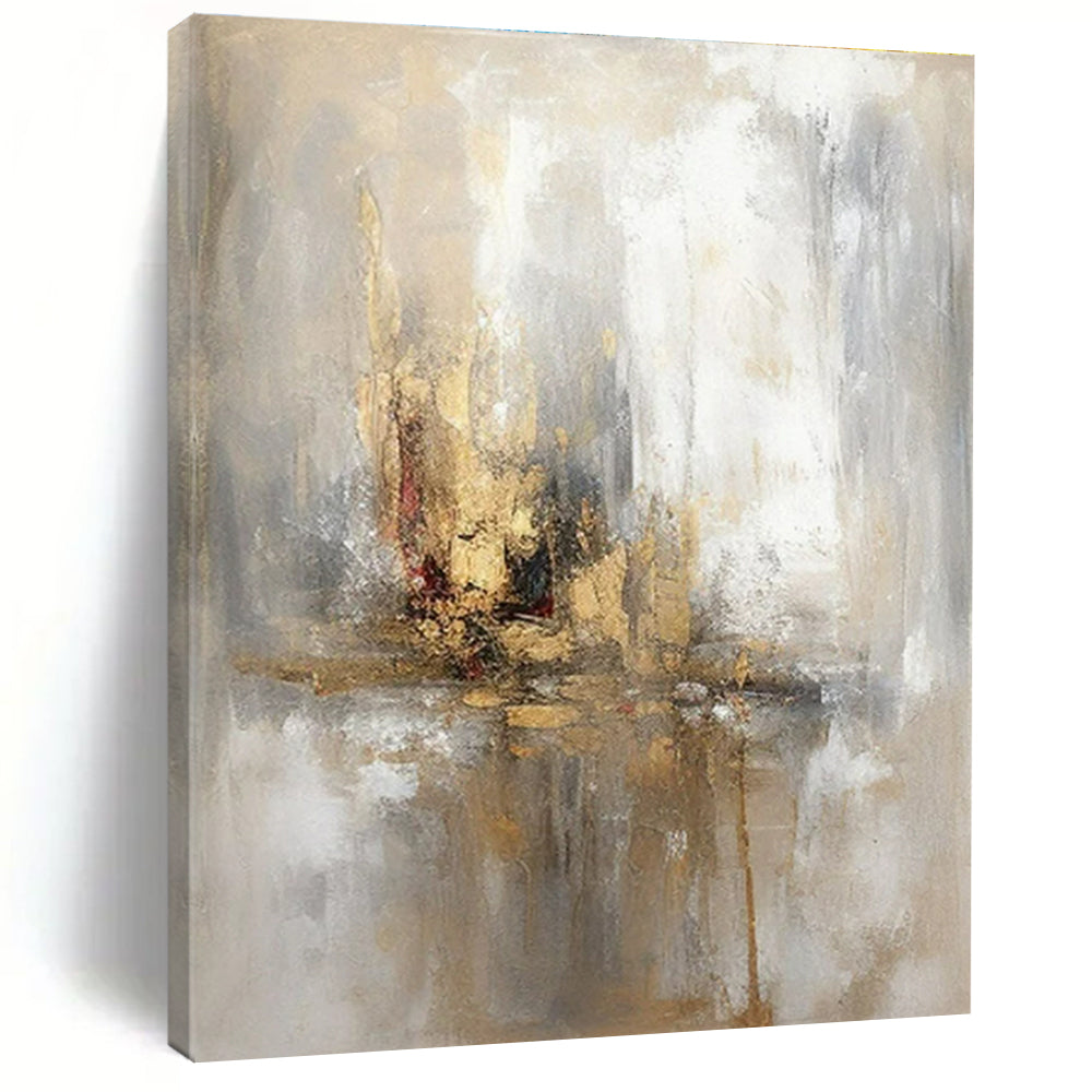 Gray, Gold, White with Muted Strokes "Elegant Haze" Abstract Painting On Canvas PS1463