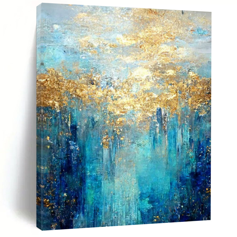 Blue, Gold, and Teal, "Golden Lagoon" – Abstract Landscape Painting On Canvas PS1015