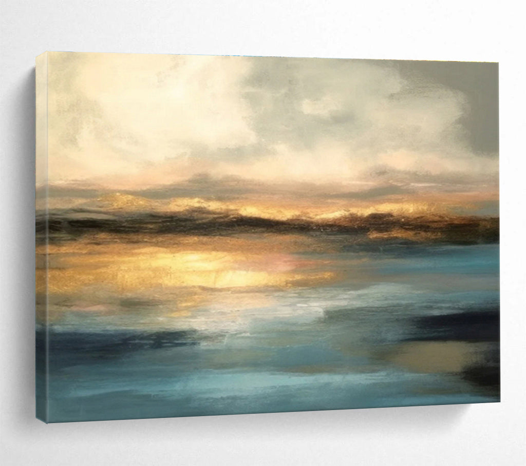 Golden Horizon on Blue - Serene Landscape Painting On Canvas DKS340