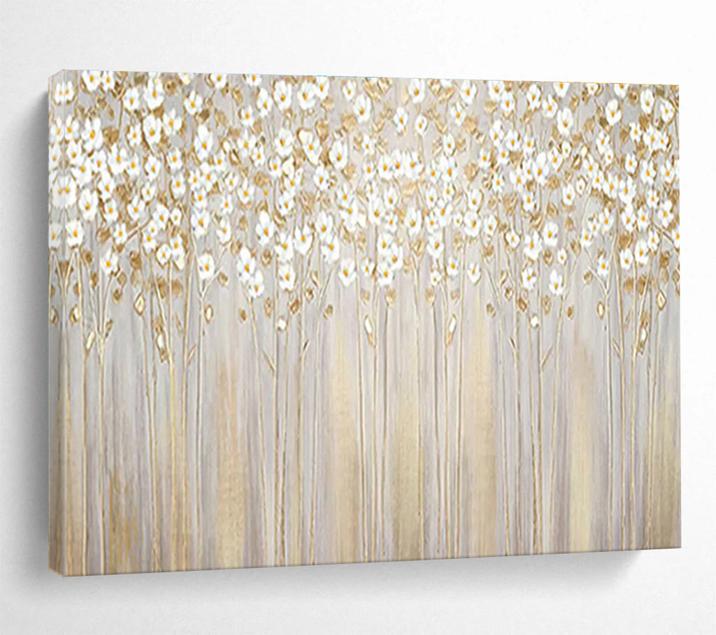 “Golden Floral Forest” - Gray, Gold & White Floral, Impressionistic Oil Painting On Canvas DKS787