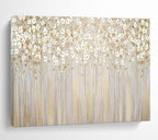 “Golden Floral Forest” - Gray, Gold & White Floral, Impressionistic Oil Painting On Canvas DKS787
