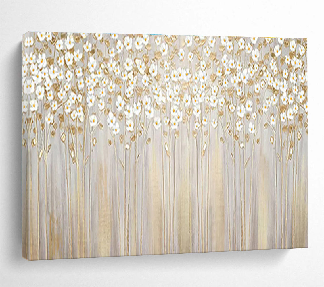 “Golden Floral Forest” - Gray, Gold & White Floral, Impressionistic Oil Painting On Canvas DKS787