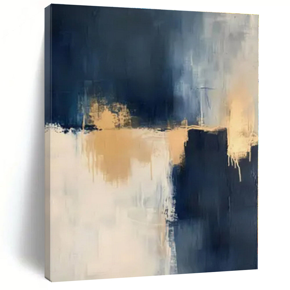Navy, White, Gold with Abstract Drips "Gilded Tide" Abstract Painting On Canvas PS1309
