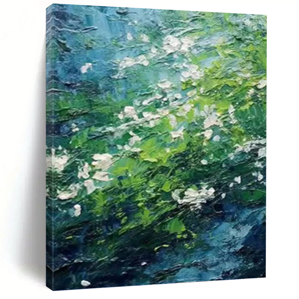 “Green - Blue Floral Impasto” - Impressionist - Inspired Nature Painting On Canvas PT1404
