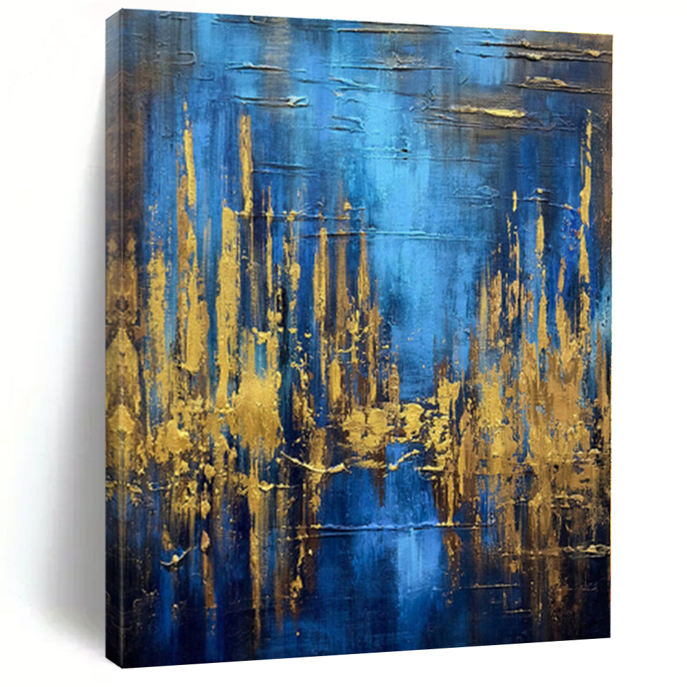 “Blue - Gold Abstract Forest” - Blue, Gold Abstract Painting On Canvas PS0449