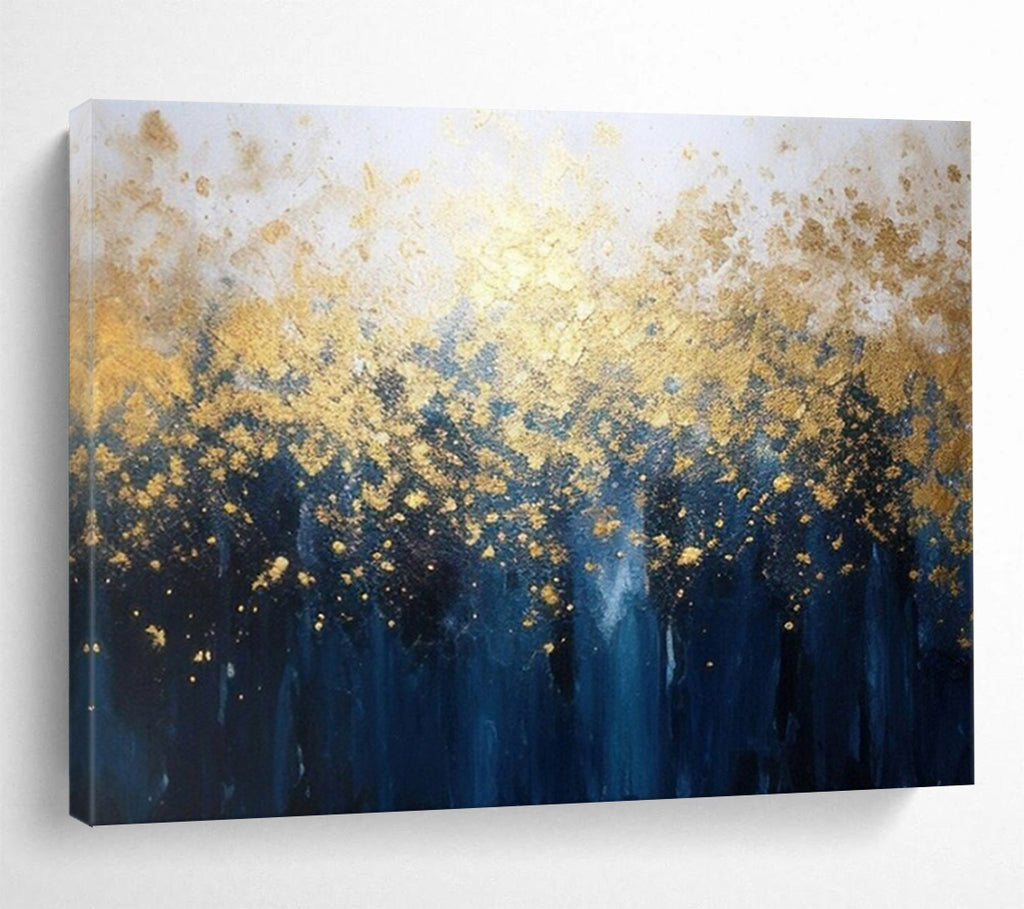 “Gold - Blue Abstract Forest” - Shimmering Gold “Midnight Grove” Painting On Canvas PT1639