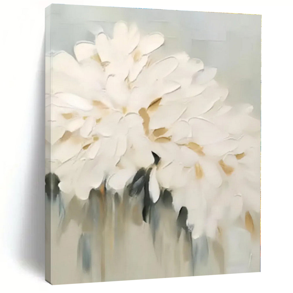 “White - Gray - Gold Floral Abstraction” - White, Gray, Gold Abstract Painting On Canvas PS0543