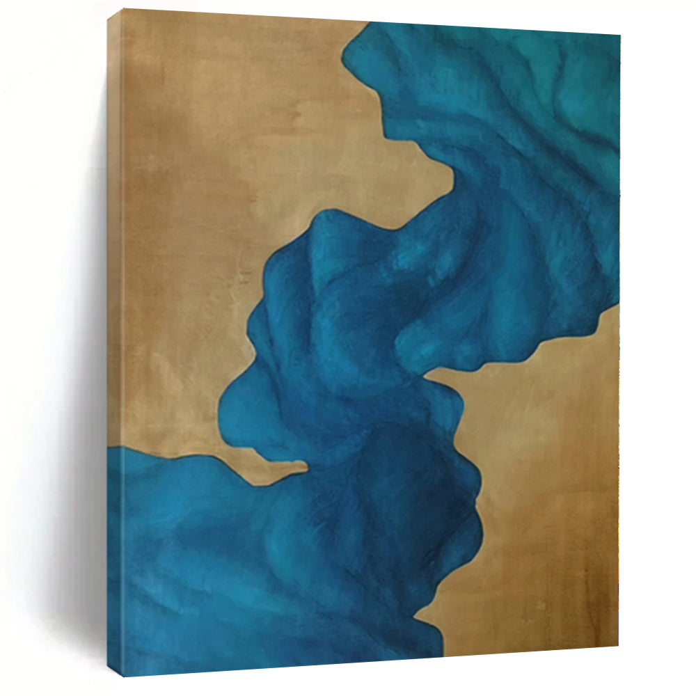“Blue - Gold Abstract Flowing Shapes” - Elegant Abstract Painting On Canvas PS0343