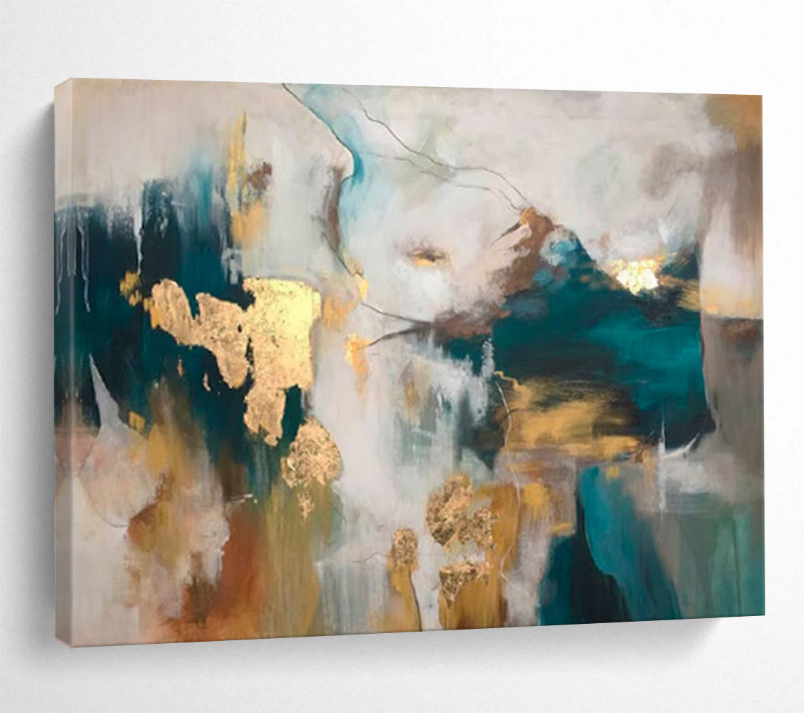 “Teal - Gold Abstract Shapes” - Rich Tones “Opulent Waves” Painting On Canvas PT1632