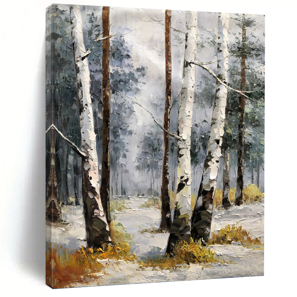 “White - Brown Winter Birch Forest” - Impressionist Landscape Painting On Canvas PT1276
