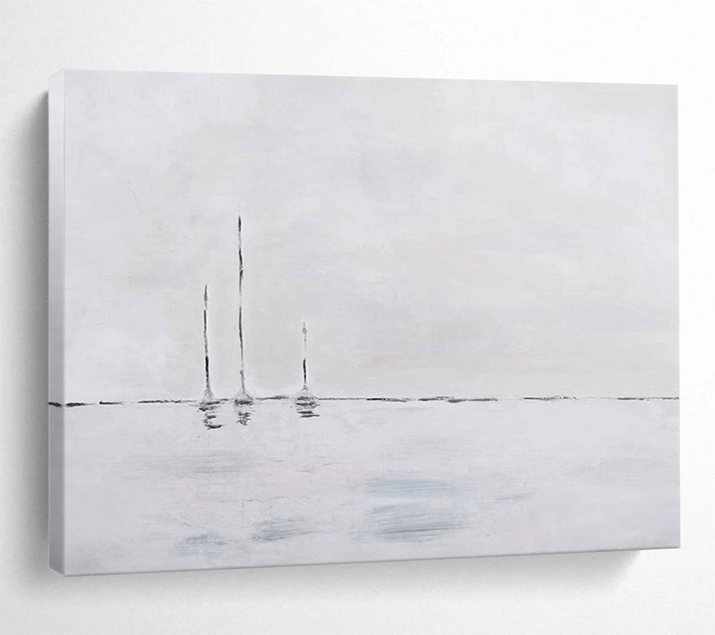 “White - Gray Minimalist Sailboats” - Abstract Landscape Painting On Canvas PT261