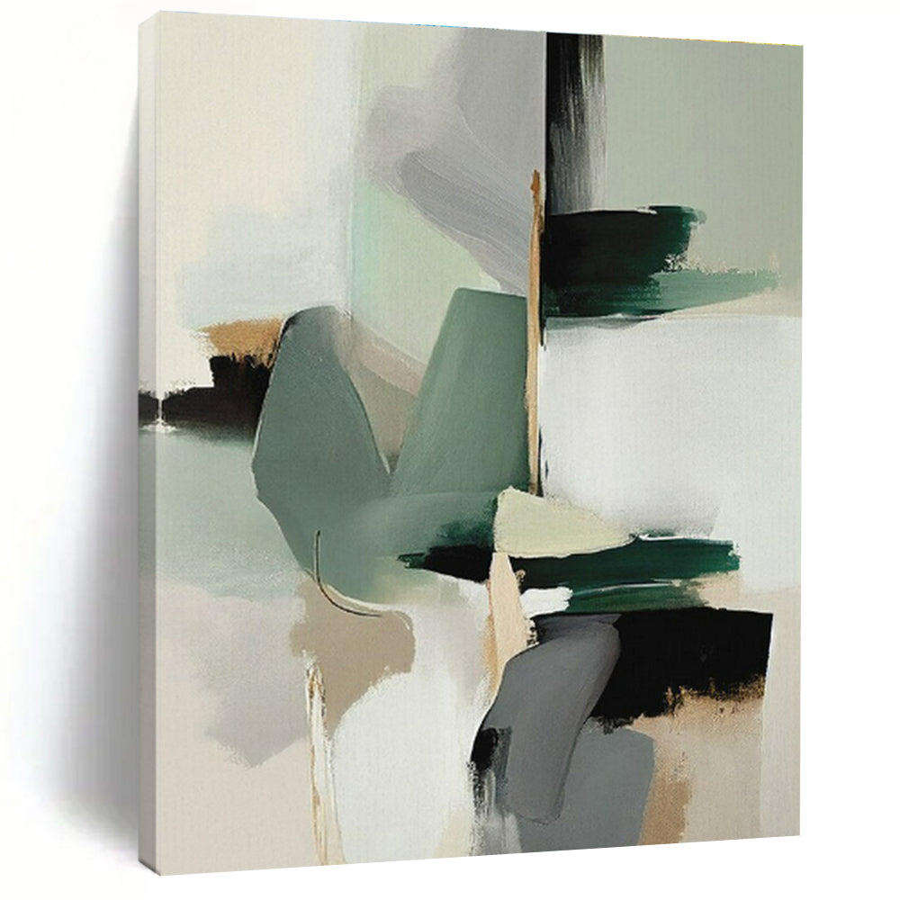 “Mint & Gray Abstract Composition” - Mint, Gray, White, Black Abstract Painting On Canvas PS0760