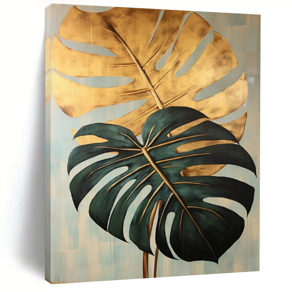 “Gold and Green Monstera Leaves” - Botanical Acrylic Painting On Canvas PT2195