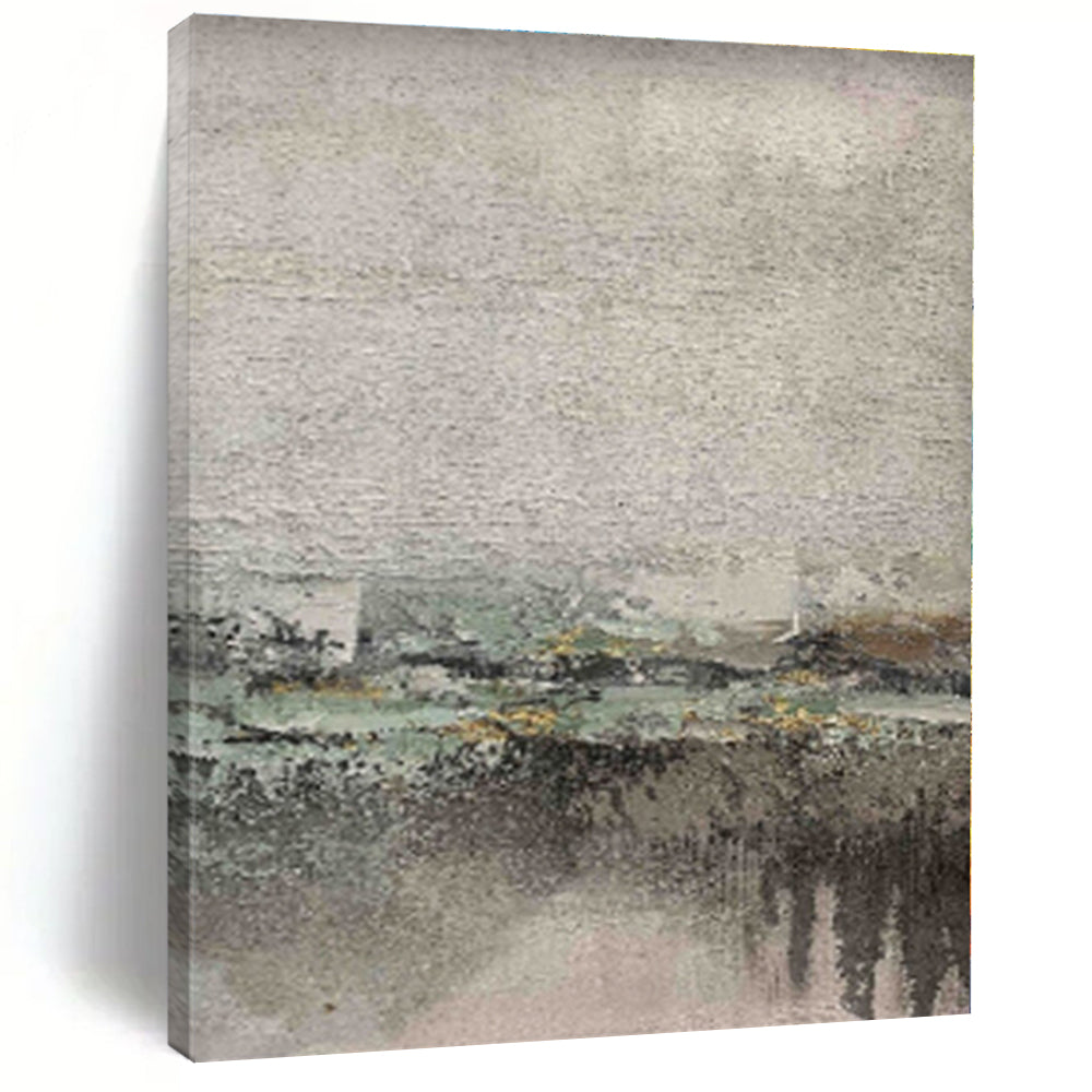 “Muted Landscape Impression” - Gray, Green, Yellow Abstract Landscape Painting On Canvas PS0565