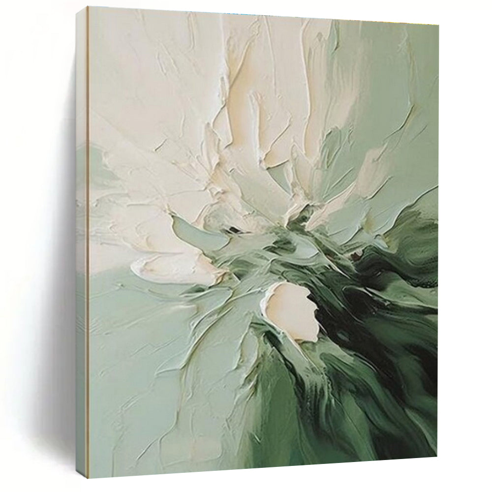 “Green - White Floral Impasto” - Green, White, Black Abstract Floral Painting On Canvas PS0624