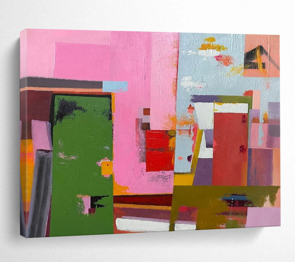 “Vibrant Geometric Abstraction in Pink, Green & Colorful Shapes” - Cubist - Style Modern Painting On Canvas PT013