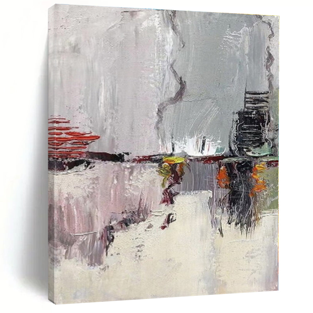 “Gray - Toned Abstract Scene” - Gray, Red, Yellow Abstract Landscape - Inspired Painting On Canvas PS0402