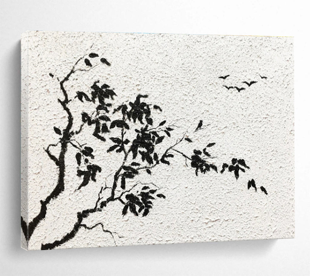 “Ink - Wash Tree and Birds” - Minimalist Chinese - style Painting On Canvas DKS451