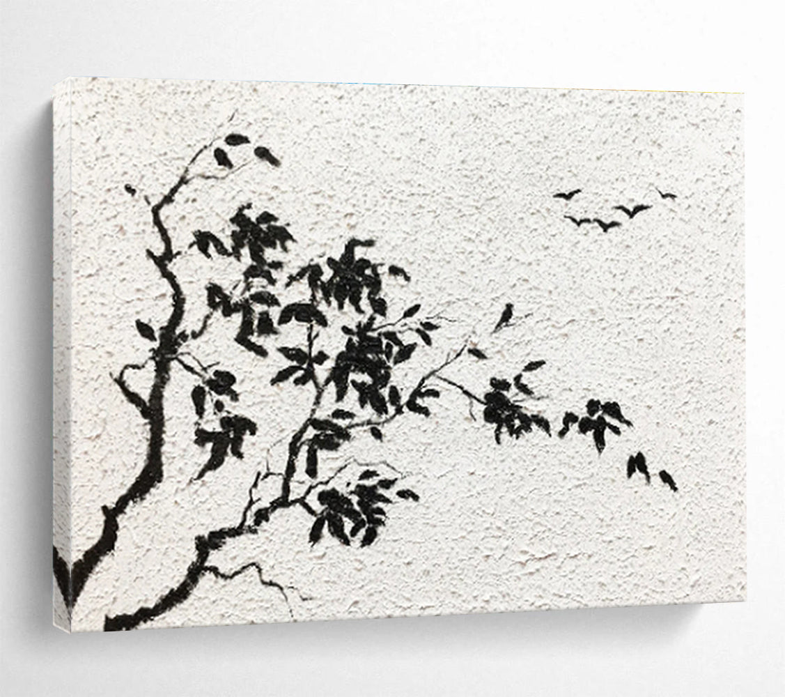 “Ink - Wash Tree and Birds” - Minimalist Chinese - style Painting On Canvas DKS451