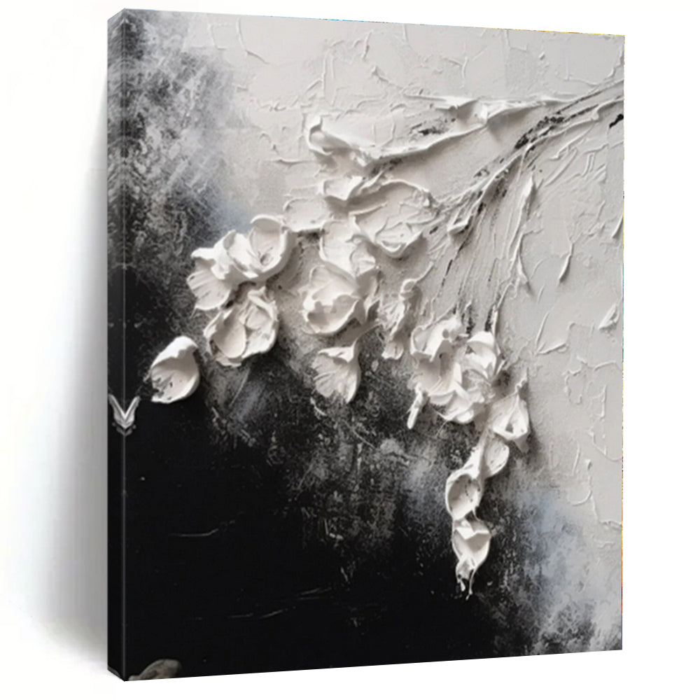 “White Flowers on Black Textured” - White, Black Abstract Textured Floral Painting On Canvas PS0580