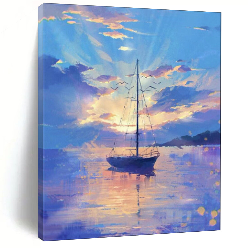 “Pastel - Hued Sailboat at Sunset” - Impressionist Seascape Painting On Canvas PT1893