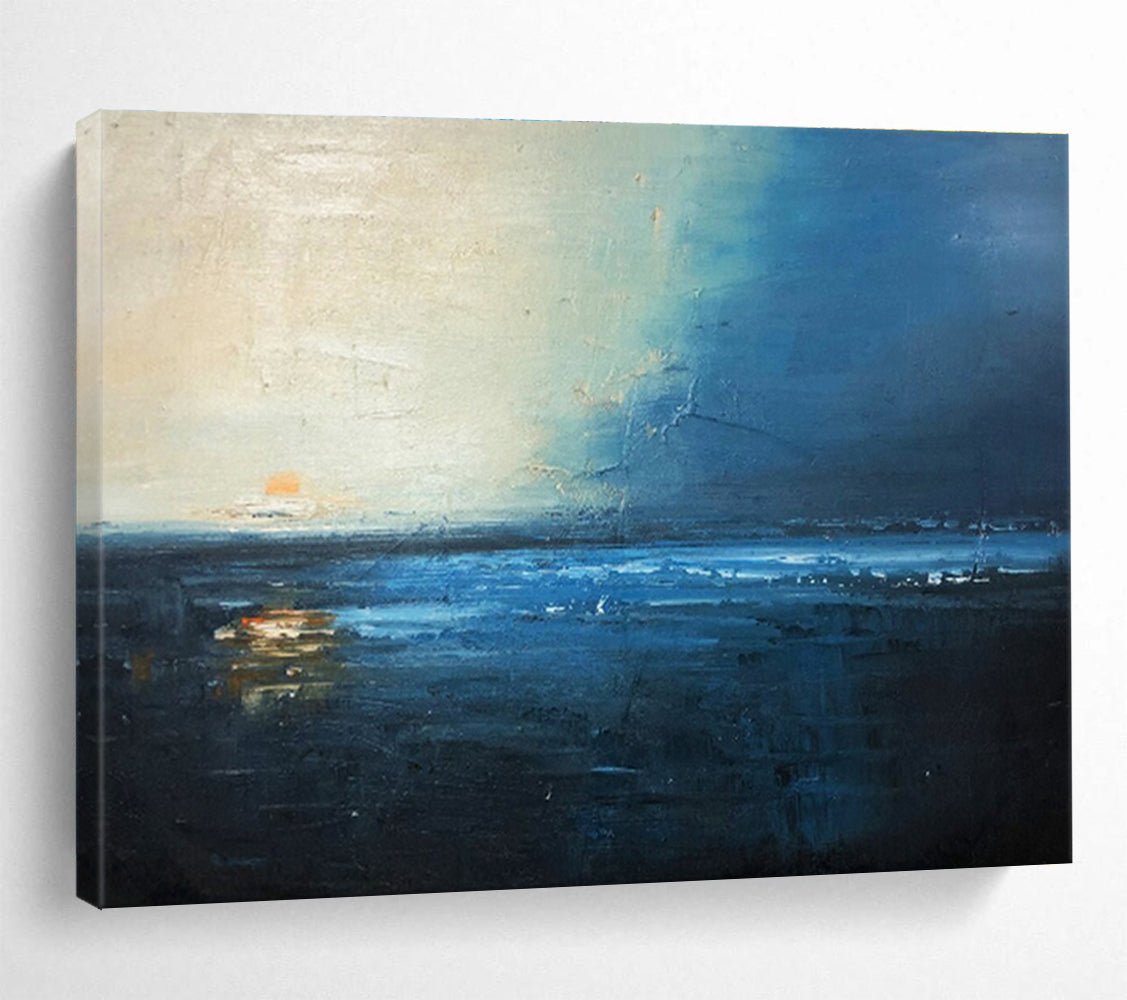 Midnight Blue Sea: Dark Blue, Gray & Orange Abstract Landscape Painting for Nautical Bedroom & Poetry Corner DKS647