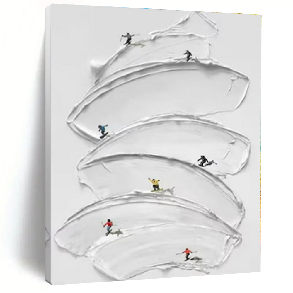 White with Mini Skiers "Snowy Slopes" Abstract Painting On Canvas PS1360