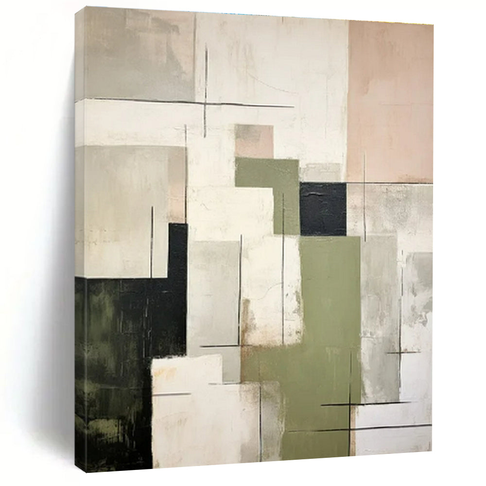Green, Gray, Black, Beige with Dynamic Blocks "Layered Energy" Abstract Painting On Canvas PS1445