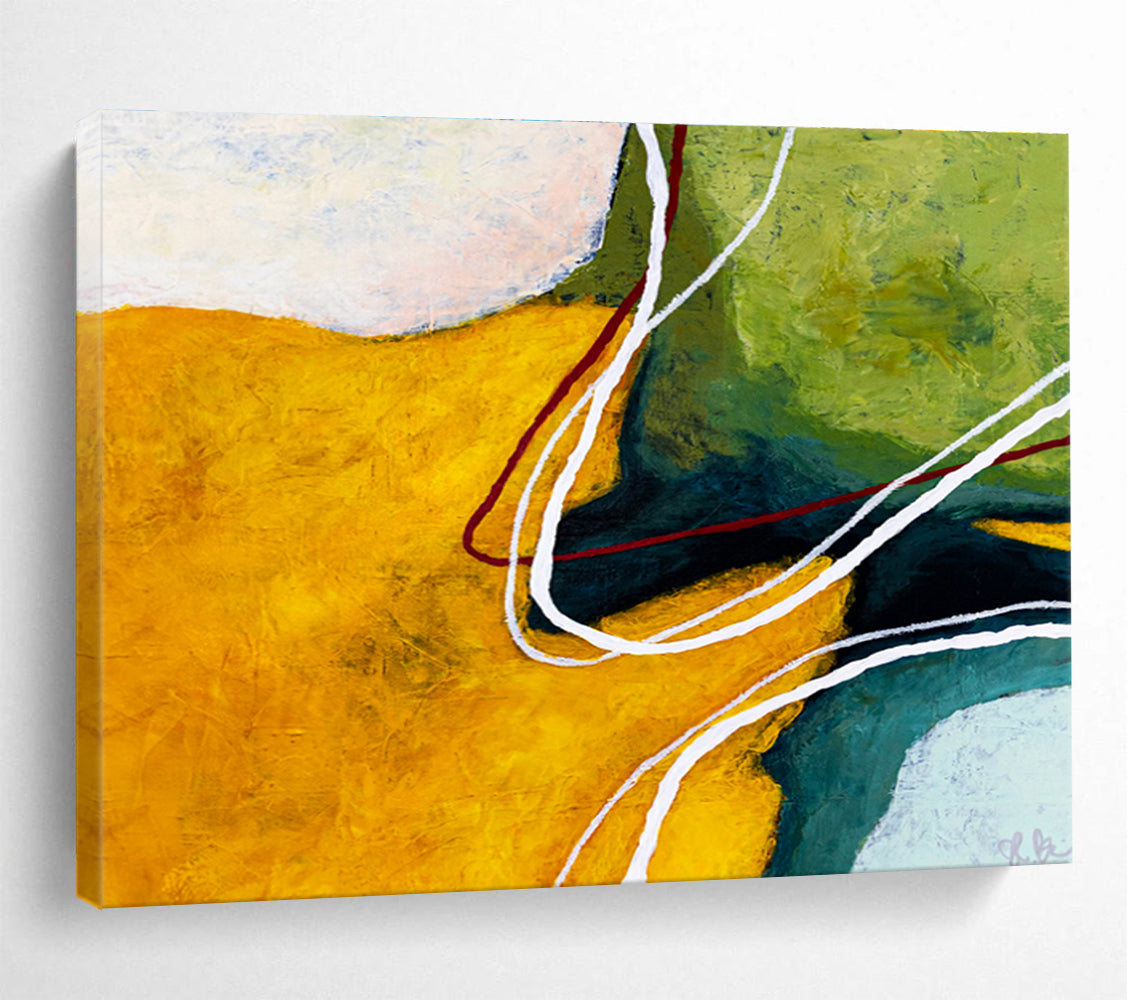 “Yellow, Green And Curved Lines Abstract” - Abstract Painting On Canvas DKS551