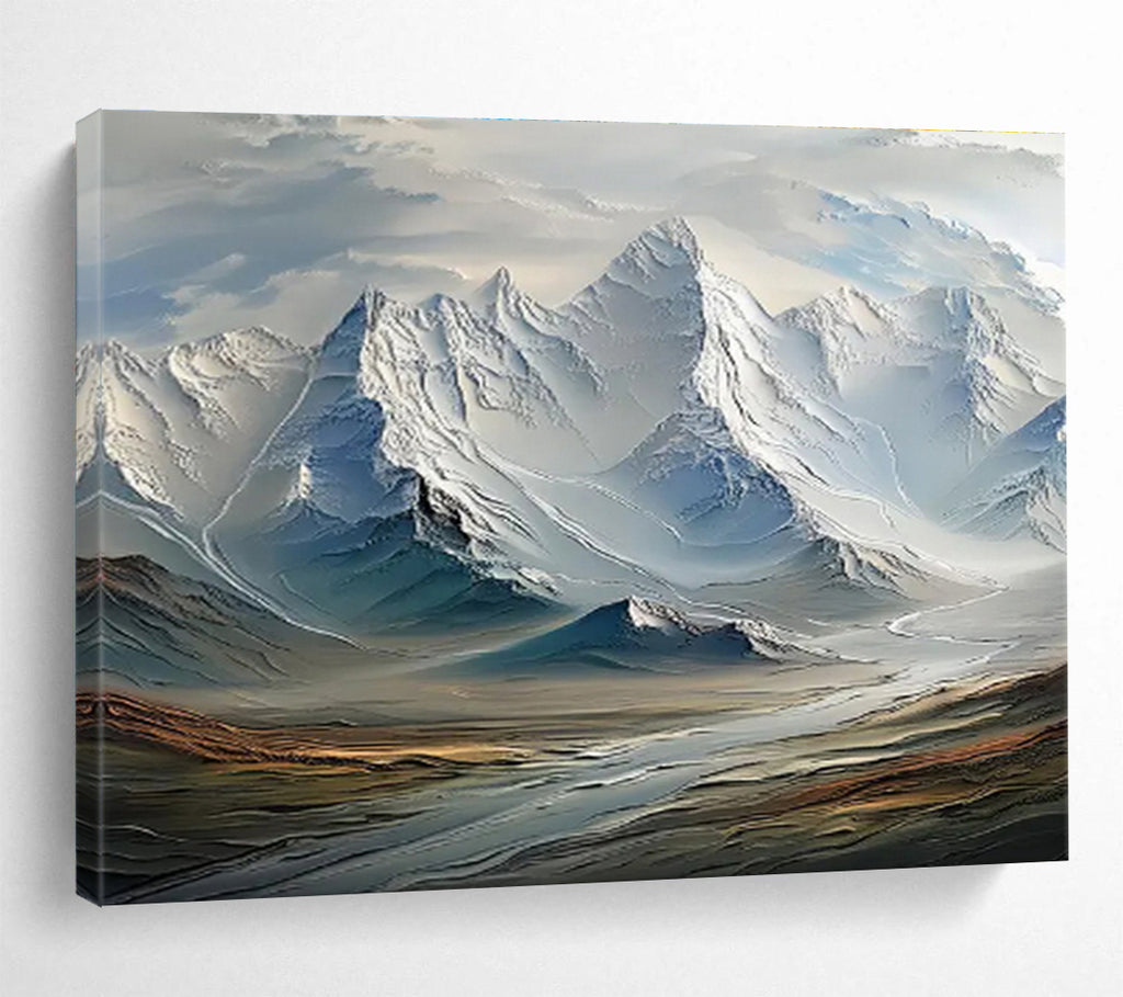 “Snowy Mountain Majesty” - White, Blue & Gray Landscape, Hyper - Realistic Oil Painting On Canvas DKS728