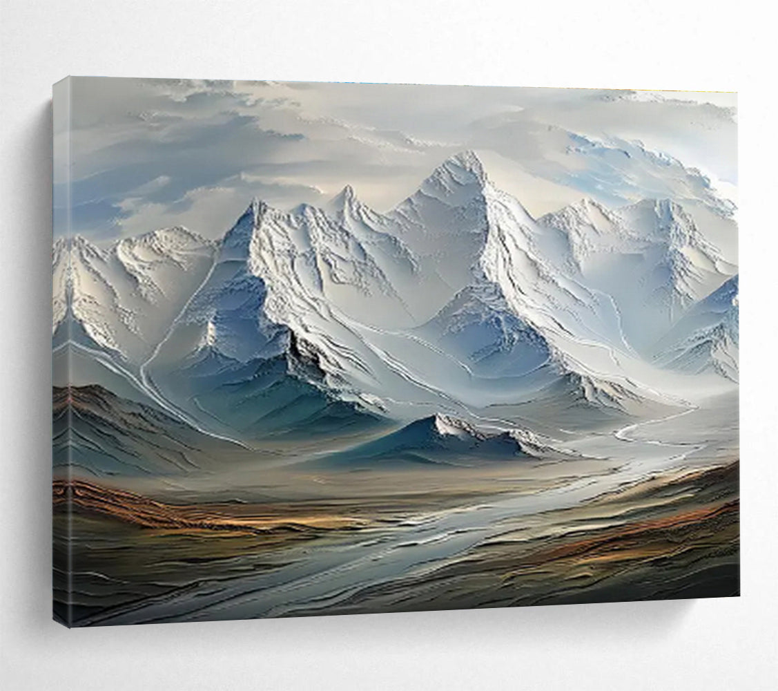“Snowy Mountain Majesty” - White, Blue & Gray Landscape, Hyper - Realistic Oil Painting On Canvas DKS728
