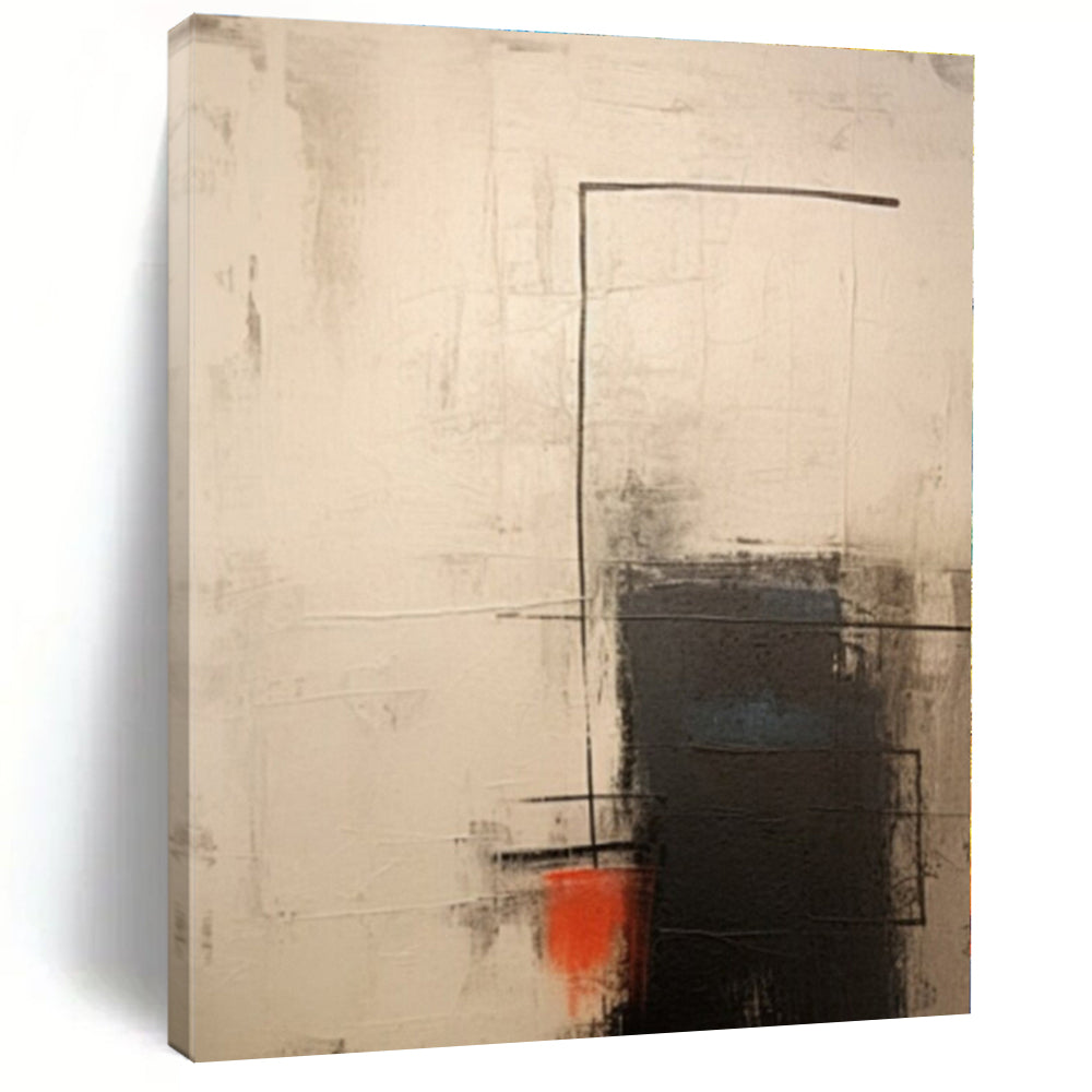 Beige, Black, Red with Geometric Abstraction "Geometric Sparks" Abstract Painting On Canvas PS1291