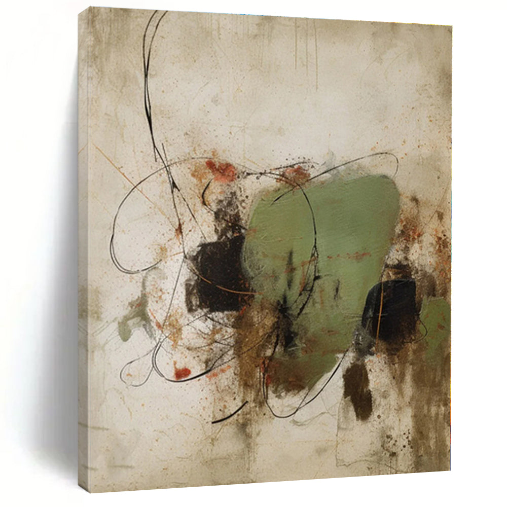 “Green - Black Line & Shape” - Green, Black, Brown Abstract Line Painting On Canvas PS0569