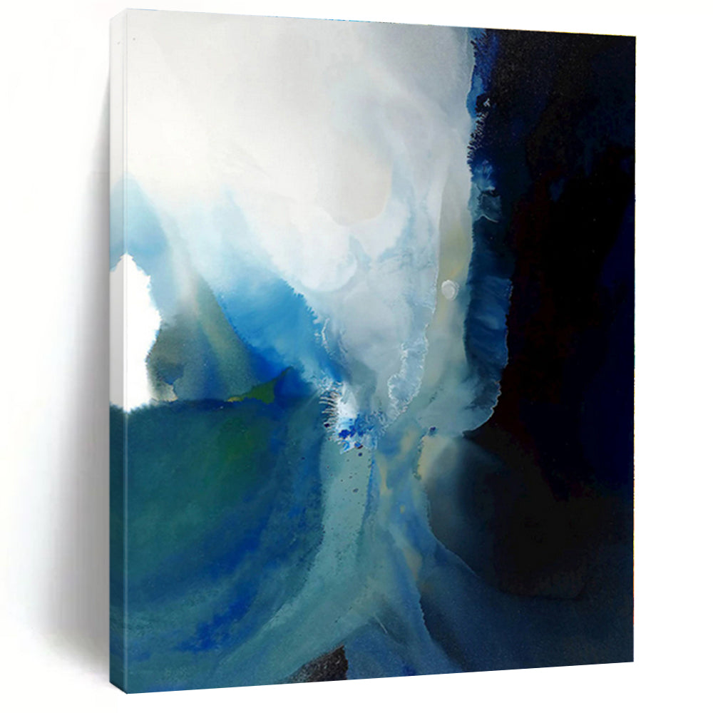 “Blue - Black Abstract Fluidity” - Blue, Black, White Abstract Fluid Painting On Canvas PS0587
