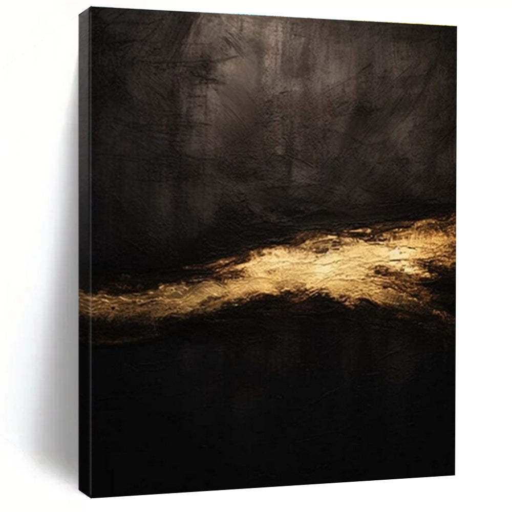 “Dark & Golden Mystery” - Black, Gold Abstract Minimalist Painting On Canvas PS0686