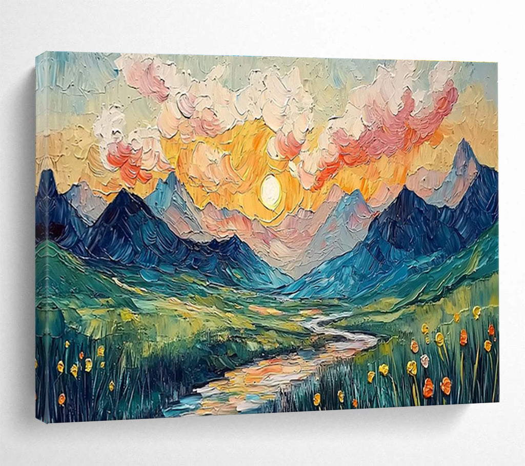 “Impasto Mountain Sunset” - Impasto Oil Painting On Canvas DKS856