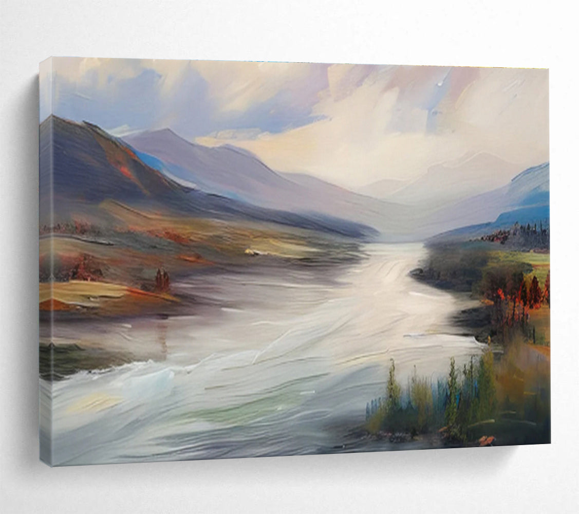 “Flowing River Valley” - Blue, Green & Brown Landscape, Smooth Oil Painting On Canvas DKS726