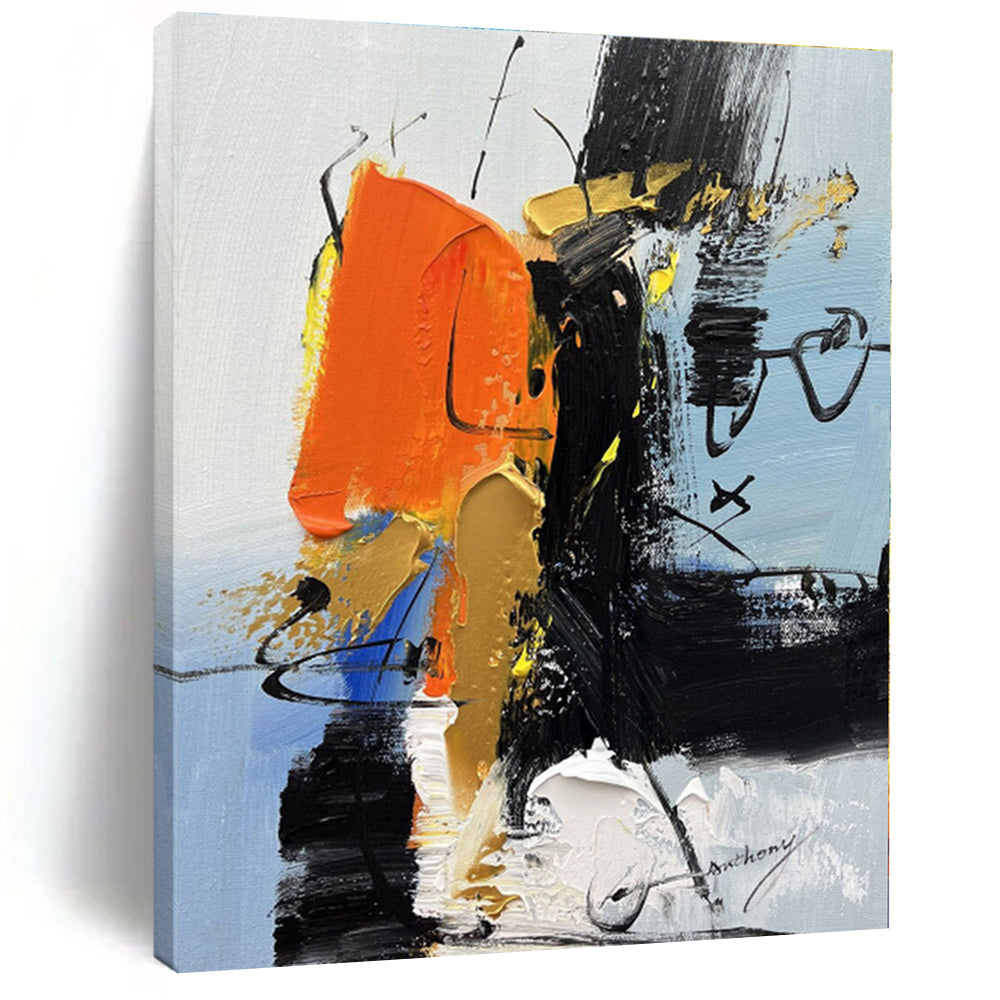 “Orange - Black Bold Abstraction” - Orange, Black, Gold Abstract Painting On Canvas PS0486