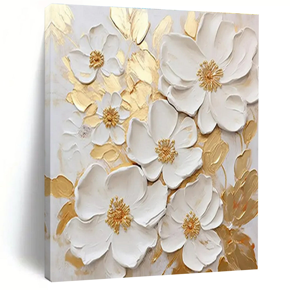 “3D White Flowers & Gold” - White, Gold Abstract Floral Painting On Canvas PS0658