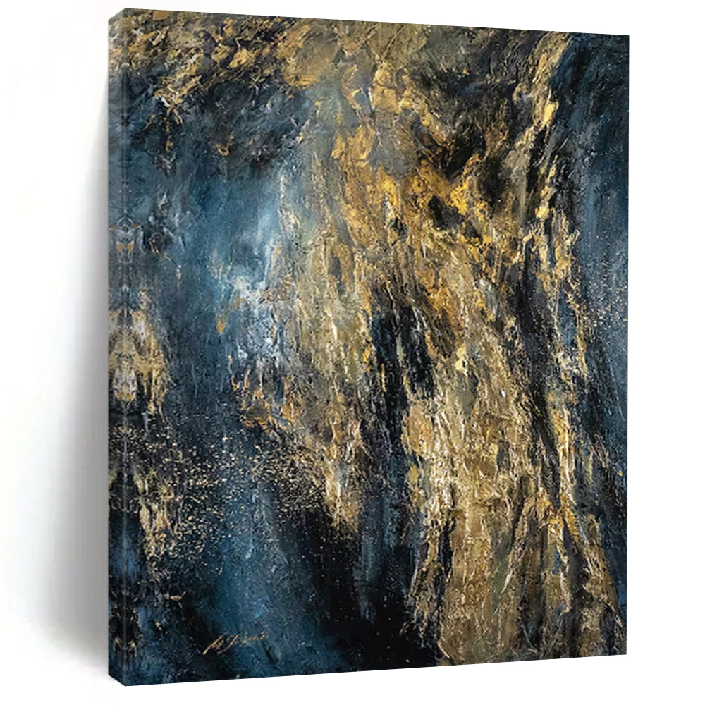 “Dark Blue and Gold Abstract” - Abstract Expressionist Painting On Canvas PT2246