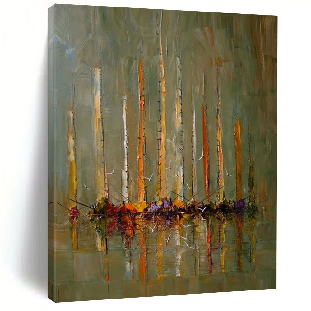 “Green, Yellow, and Orange Sailboat Reflection” - Impressionistic Maritime Painting On Canvas DS330