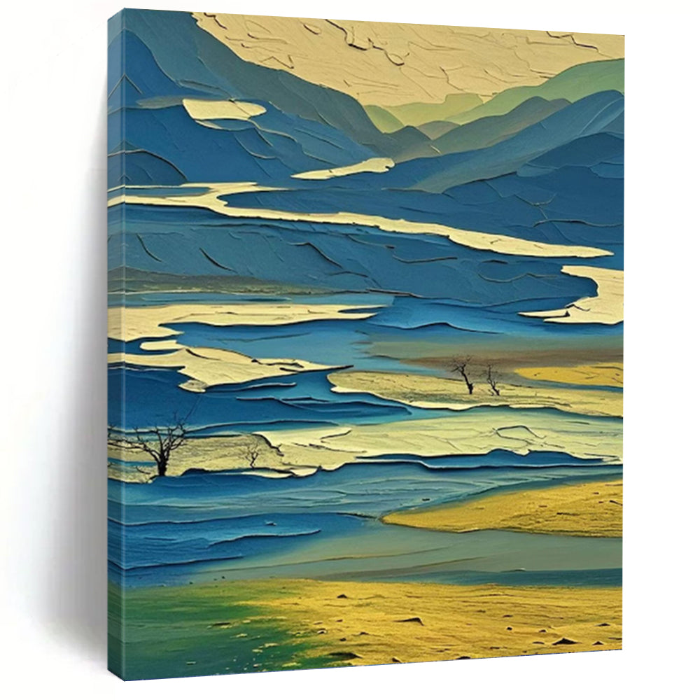 “Layered Blue - Yellow Landscape: Abstract Mountain Art” - Vibrant Geometric Painting On Canvas PT0963