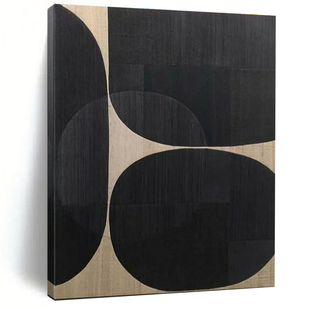 “Black - Beige Circular Composition” - Black, Beige Abstract Geometric Painting PS0595