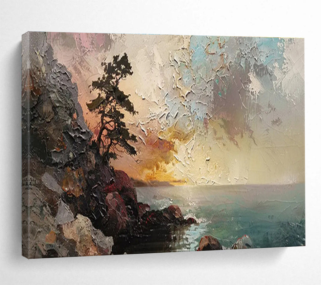 “Coastal Sunset Cliff” - Impasto Seascape Painting On Canvas DKS463