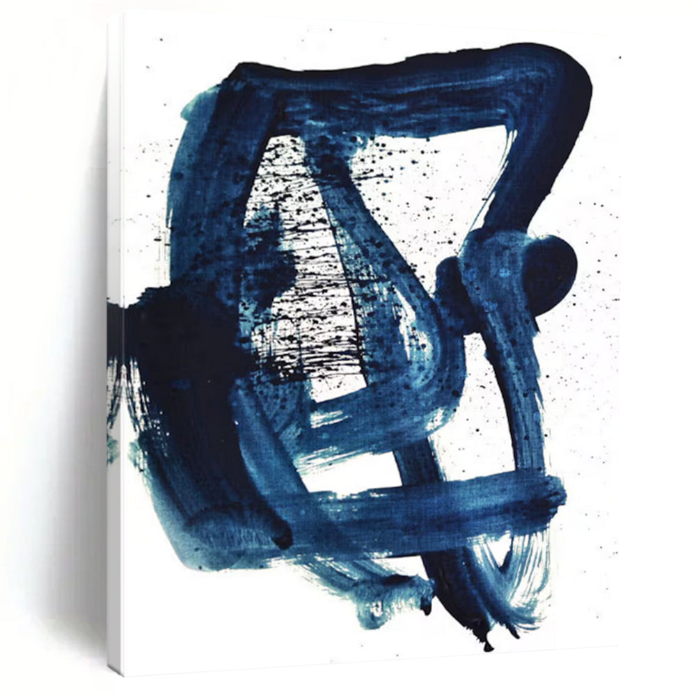 “Indigo Ink Abstraction” - Deep Blue Brushstrokes & Splatters Painting On Canvas DS161