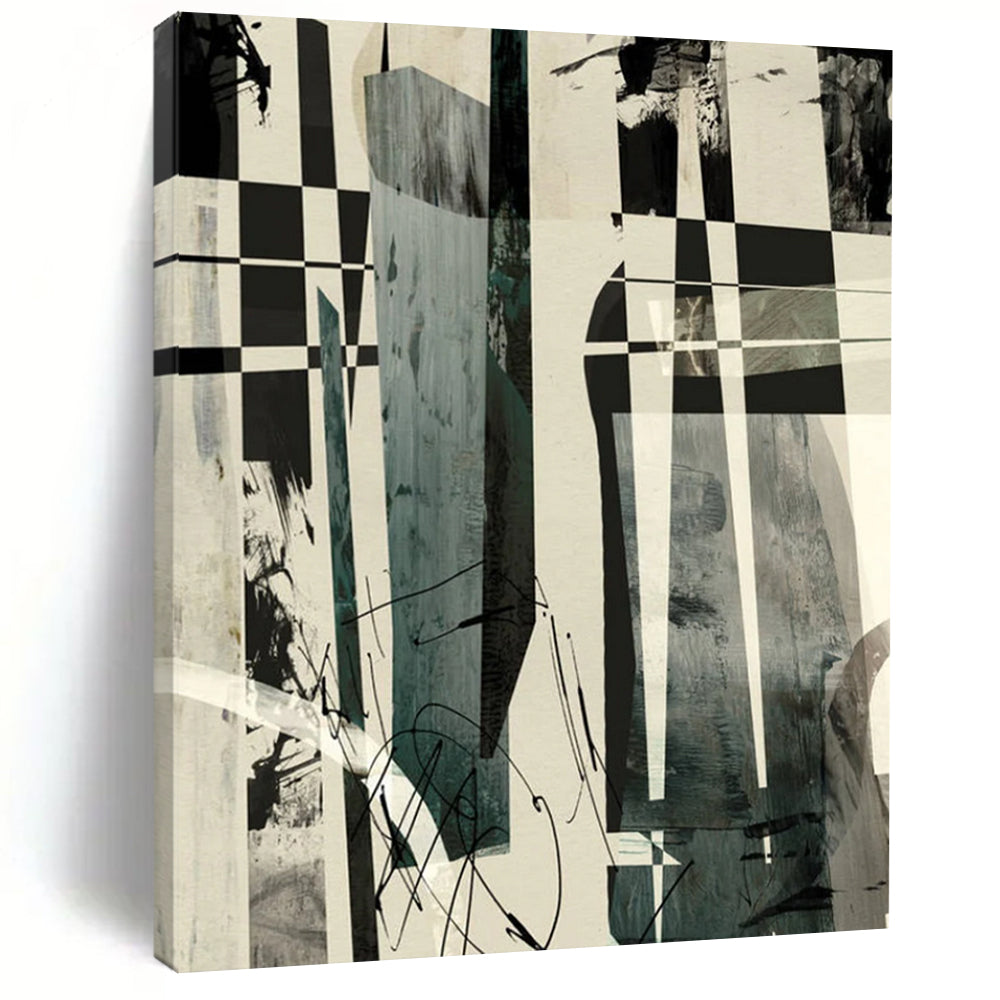 “Checkerboard & Abstract Forms” - Black & White with Dynamic Shapes Painting On Canvas DS218