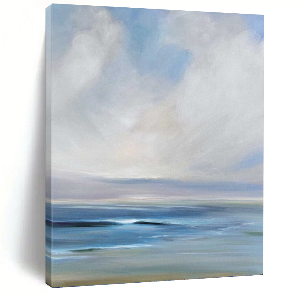 “Calm Sea and Sky: Blue - White Impressionistic Landscape” - Serene Coastal Painting On Canvas PT0957